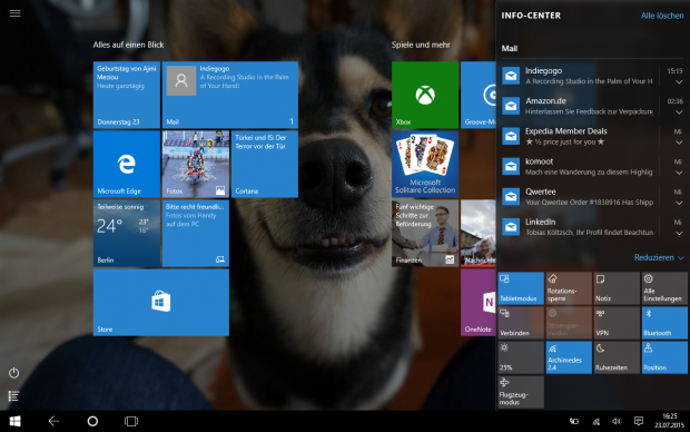 Ein Wisch von rechts blendet das Action Center ein. (Screenshot: Golem.de)